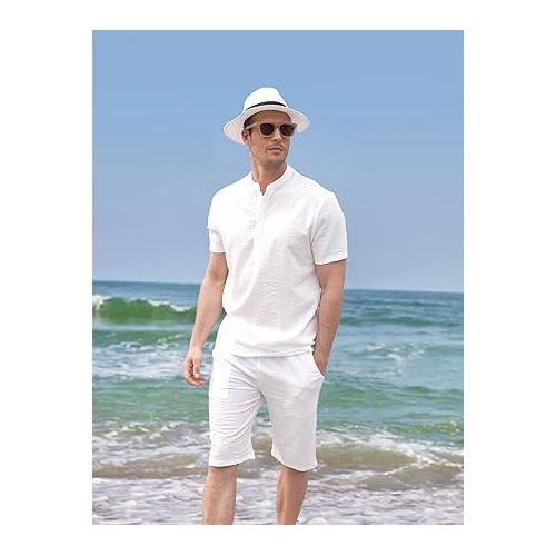 COOFANDY Men's 2 Pieces Linen Set Casual Henley Shirts Short Sleeve Beach Yoga Shorts Summer Pants Outfits