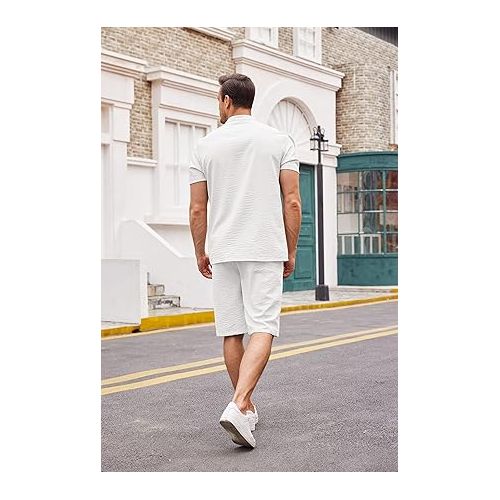  COOFANDY Men's 2 Pieces Linen Set Casual Henley Shirts Short Sleeve Beach Yoga Shorts Summer Pants Outfits