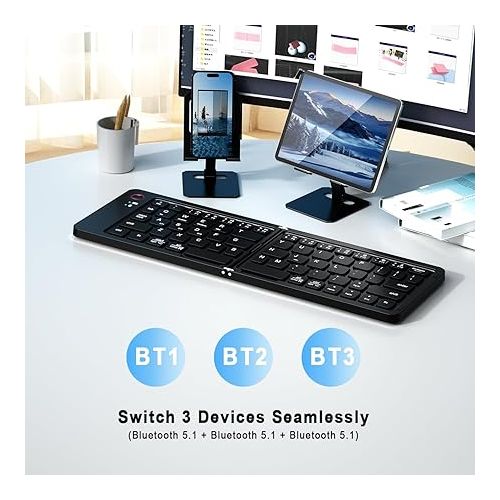  Wireless iPad Keyboard, Foldable Wireless Bluetooth Keyboard with Holder Travel Portable Rechargeable Keyboard for Mac Android Windows iOS,Support 3 Devices (BT5.1 x 3) Black