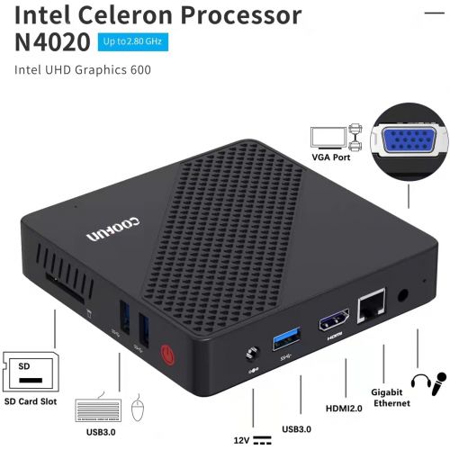  [아마존베스트]COOFUN Mini PC Fanless Intel Celeron N4000 (up to 2.6GHz) 4GB DDR/64GB eMMC Mini Desktop Computer Windows 10 HDMI 2.0and VGA Port 2.4/5.8G WiFi BT4.2 3xUSB3.0 Support Linux,NGFF 2242 SSD