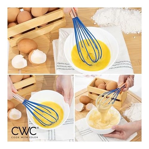  COOK WITH COLOR Silicone Whisks for Cooking, Stainless Steel Wire Whisk Set of Two - 10” and 12”, Heat Resistant Kitchen Whisks, Balloon Whisk for Nonstick Cookware - Copper and Blue