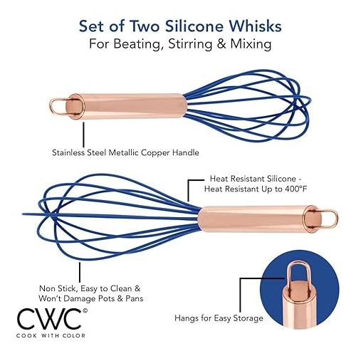  COOK WITH COLOR Silicone Whisks for Cooking, Stainless Steel Wire Whisk Set of Two - 10” and 12”, Heat Resistant Kitchen Whisks, Balloon Whisk for Nonstick Cookware - Copper and Blue