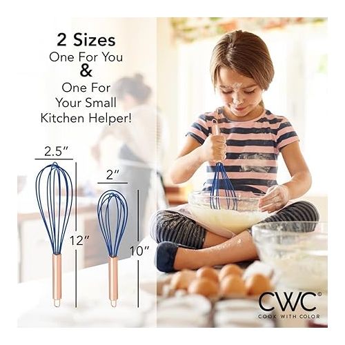  COOK WITH COLOR Silicone Whisks for Cooking, Stainless Steel Wire Whisk Set of Two - 10” and 12”, Heat Resistant Kitchen Whisks, Balloon Whisk for Nonstick Cookware - Copper and Blue