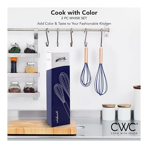  COOK WITH COLOR Silicone Whisks for Cooking, Stainless Steel Wire Whisk Set of Two - 10” and 12”, Heat Resistant Kitchen Whisks, Balloon Whisk for Nonstick Cookware - Copper and Blue