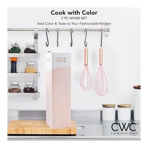  COOK WITH COLOR Silicone Whisks for Cooking, Stainless Steel Wire Whisk Set of Two - 10” and 12”, Heat Resistant Kitchen Whisks, Balloon Whisk for Nonstick Cookware - Rose Gold and Pink