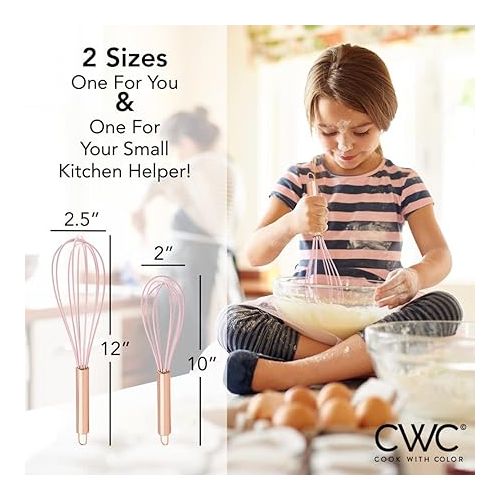  COOK WITH COLOR Silicone Whisks for Cooking, Stainless Steel Wire Whisk Set of Two - 10” and 12”, Heat Resistant Kitchen Whisks, Balloon Whisk for Nonstick Cookware - Rose Gold and Pink