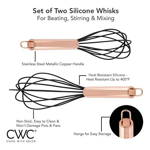  COOK WITH COLOR Silicone Whisks for Cooking, Stainless Steel Wire Whisk Set of Two - 10” and 12”, Heat Resistant Kitchen Whisks, Balloon Whisk for Nonstick Cookware - Rose Gold and Black