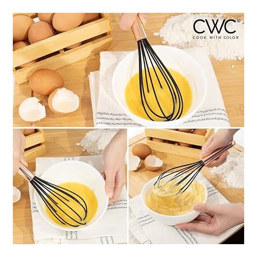  COOK WITH COLOR Silicone Whisks for Cooking, Stainless Steel Wire Whisk Set of Two - 10” and 12”, Heat Resistant Kitchen Whisks, Balloon Whisk for Nonstick Cookware - Rose Gold and Black