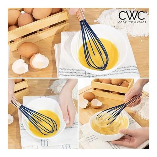  COOK WITH COLOR Silicone Whisks for Cooking, Stainless Steel Wire Whisk Set of Two - 10” and 12”, Heat Resistant Kitchen Whisks, Balloon Whisk for Nonstick Cookware - Rose Gold and Navy