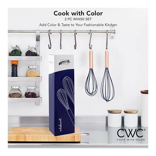  COOK WITH COLOR Silicone Whisks for Cooking, Stainless Steel Wire Whisk Set of Two - 10” and 12”, Heat Resistant Kitchen Whisks, Balloon Whisk for Nonstick Cookware - Rose Gold and Navy