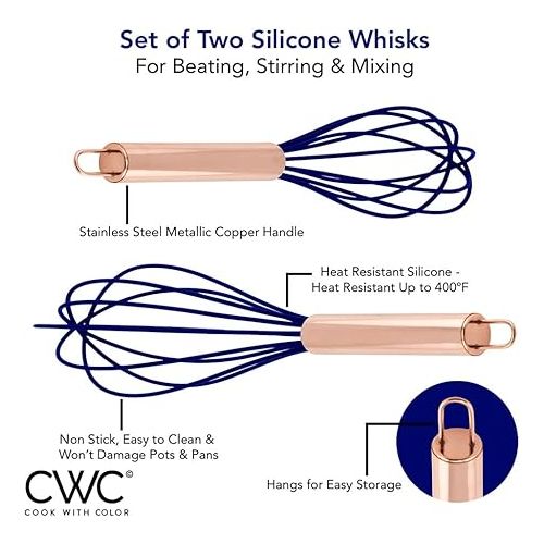  COOK WITH COLOR Silicone Whisks for Cooking, Stainless Steel Wire Whisk Set of Two - 10” and 12”, Heat Resistant Kitchen Whisks, Balloon Whisk for Nonstick Cookware - Rose Gold and Navy