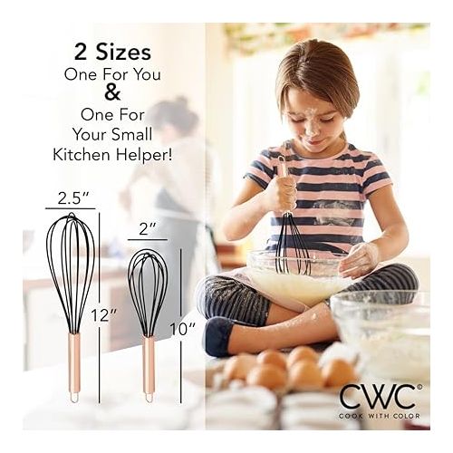 COOK WITH COLOR Silicone Whisks for Cooking, Stainless Steel Wire Whisk Set of Two - 10” and 12”, Heat Resistant Kitchen Whisks, Balloon Whisk for Nonstick Cookware - Rose Gold and Black