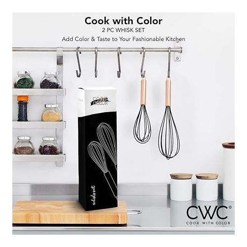  COOK WITH COLOR Silicone Whisks for Cooking, Stainless Steel Wire Whisk Set of Two - 10” and 12”, Heat Resistant Kitchen Whisks, Balloon Whisk for Nonstick Cookware - Rose Gold and Black