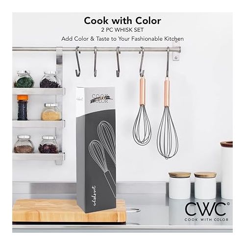  COOK WITH COLOR Silicone Whisks for Cooking, Stainless Steel Wire Whisk Set of Two - 10” and 12”, Heat Resistant Kitchen Whisks, Balloon Whisk for Nonstick Cookware - Rose Gold and Grey