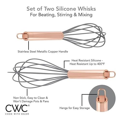  COOK WITH COLOR Silicone Whisks for Cooking, Stainless Steel Wire Whisk Set of Two - 10” and 12”, Heat Resistant Kitchen Whisks, Balloon Whisk for Nonstick Cookware - Rose Gold and Grey