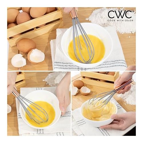  COOK WITH COLOR Silicone Whisks for Cooking, Stainless Steel Wire Whisk Set of Two - 10” and 12”, Heat Resistant Kitchen Whisks, Balloon Whisk for Nonstick Cookware - Rose Gold and Grey