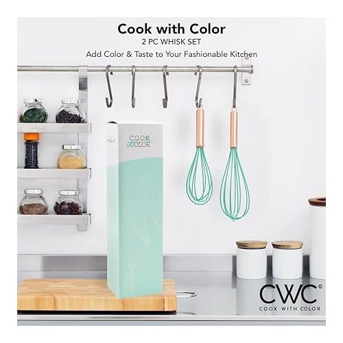  COOK WITH COLOR Silicone Whisks for Cooking, Stainless Steel Wire Whisk Set of Two - 10” and 12”, Heat Resistant Kitchen Whisks, Balloon Whisk for Nonstick Cookware - Rose Gold and Mint Green