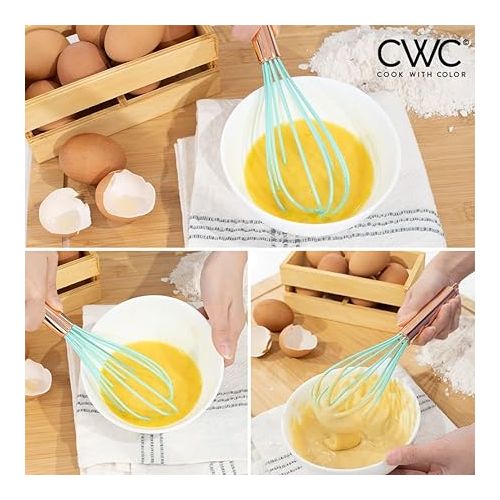  COOK WITH COLOR Silicone Whisks for Cooking, Stainless Steel Wire Whisk Set of Two - 10” and 12”, Heat Resistant Kitchen Whisks, Balloon Whisk for Nonstick Cookware - Rose Gold and Mint Green