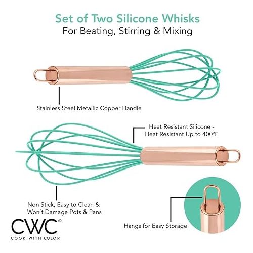  COOK WITH COLOR Silicone Whisks for Cooking, Stainless Steel Wire Whisk Set of Two - 10” and 12”, Heat Resistant Kitchen Whisks, Balloon Whisk for Nonstick Cookware - Rose Gold and Mint Green