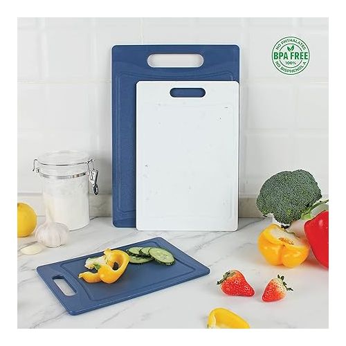  COOK WITH COLOR Plastic Cutting Boards - Set of 3 Kitchen Cutting Board Set - Large, Medium and Small Cutting Boards Non Slip Kitchen Essentials (Blue and White Marble)