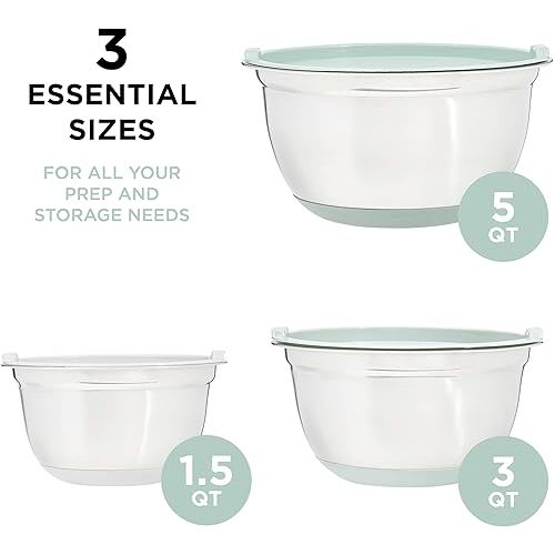  COOK WITH COLOR Mixing Bowls with Airtight Lids - 6 piece Stainless Steel Metal Nesting Storage Bowls, Non-Slip Bottoms (Sage)