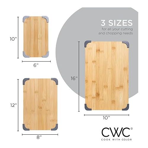  COOK WITH COLOR Bamboo Cutting Board Set- 3 Pc. Large, Medium and Small Non Slip Cutting Boards for Kitchen, Meats, Veggies and Fruit (Grey)