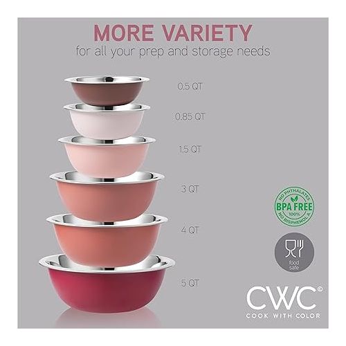  COOK WITH COLOR Stainless Steel Mixing Bowls - 6 Piece Stainless Steel Nesting Bowls Set includes 6 Prep Bowl and Mixing Bowls (Rose)