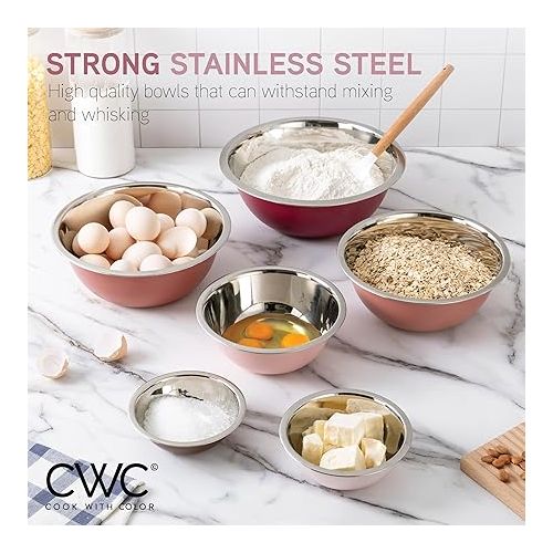  COOK WITH COLOR Stainless Steel Mixing Bowls - 6 Piece Stainless Steel Nesting Bowls Set includes 6 Prep Bowl and Mixing Bowls (Rose)