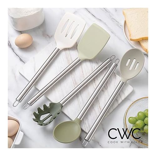  COOK WITH COLOR Silicone Cooking Utensils, 5 Pc Kitchen Utensil Set, Easy to Clean Silicone Kitchen Utensils, Cooking Utensils for Nonstick Cookware, Kitchen Gadgets Set (Green Ombre)