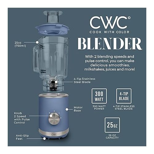  COOK WITH COLOR 300 Watt Blender: Powerful 2-Speed Control with Pulse, 4-Tip Stainless Steel Blades, 25oz (750ml) Jar, and Skid-Resistant Feet, Navy