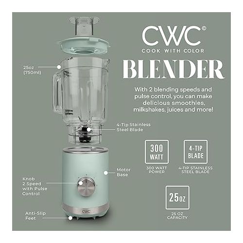  COOK WITH COLOR 300 Watt Blender: Powerful 2-Speed Control with Pulse, 4-Tip Stainless Steel Blades, 25oz (750ml) Jar, and Skid-Resistant Feet, Sage