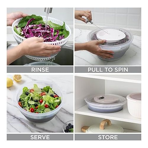  COOK WITH COLOR Collapsible Salad Spinner - 4 QT Space Saving Lettuce Dryer with Folding Collapsible Colander Great for Washing and Drying Fruit and Vegetables (Grey)