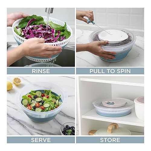  COOK WITH COLOR Collapsible Salad Spinner - 4 QT Space Saving Lettuce Dryer with Folding Collapsible Colander Great for Washing and Drying Fruit and Vegetables (Blue)