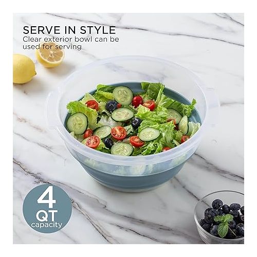  COOK WITH COLOR Collapsible Salad Spinner - 4 QT Space Saving Lettuce Dryer with Folding Collapsible Colander Great for Washing and Drying Fruit and Vegetables (Blue)