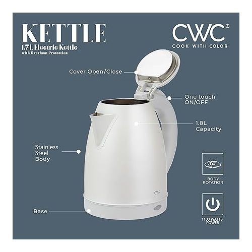  COOK WITH COLOR Electric Kettle - 1100W, 1.7L, Fast Boil, Auto Shut-Off, Swivel Base, Stainless Steel, Creme