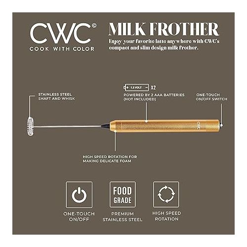  Cook with Color Handheld Milk Frother - Portable Electric Drink Mixer, Coffee Foamer, Hand Blender, Mini Frappe and Latte Maker - Sleek Design, Battery-Powered with 2 AAA Batteries (Champagne)