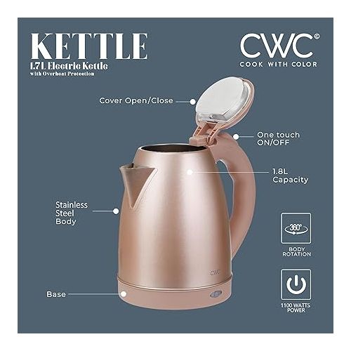  COOK WITH COLOR Electric Kettle - 1100W, 1.7L, Fast Boil, Auto Shut-Off, Swivel Base, Stainless Steel, Blush