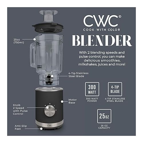  COOK WITH COLOR 300 Watt Blender: Powerful 2-Speed Control with Pulse, 4-Tip Stainless Steel Blades, 25oz (750ml) Jar, and Skid-Resistant Feet, Black