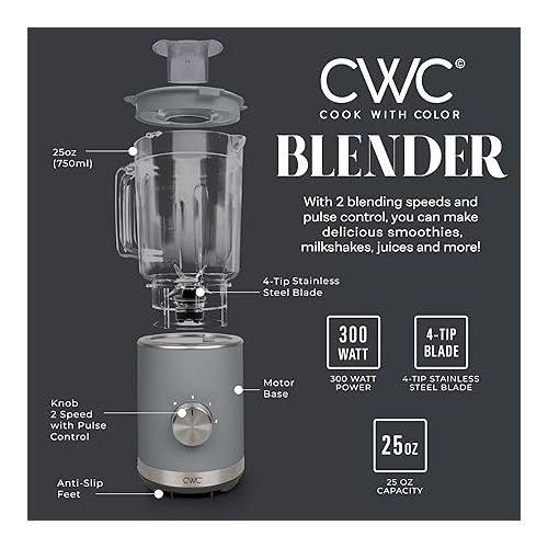  COOK WITH COLOR 300 Watt Blender: Powerful 2-Speed Control with Pulse, 4-Tip Stainless Steel Blades, 25oz (750ml) Jar, and Skid-Resistant Feet, Grey