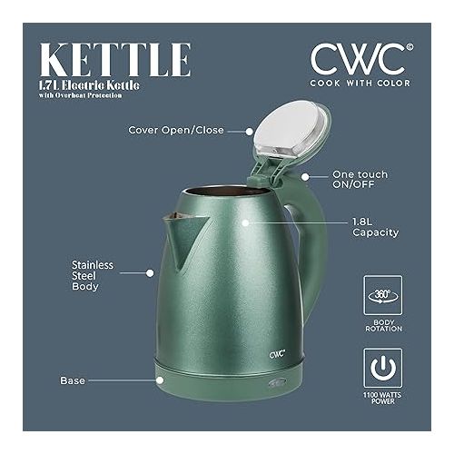  COOK WITH COLOR Electric Kettle - 1100W, 1.7L, Fast Boil, Auto Shut-Off, Swivel Base, Stainless Steel, Sage