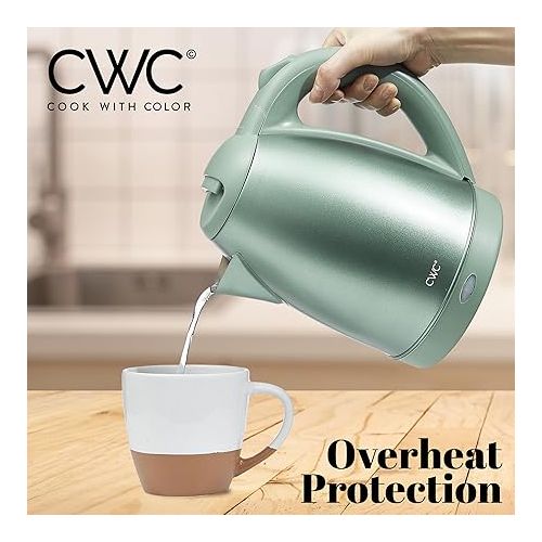  COOK WITH COLOR Electric Kettle - 1100W, 1.7L, Fast Boil, Auto Shut-Off, Swivel Base, Stainless Steel, Sage