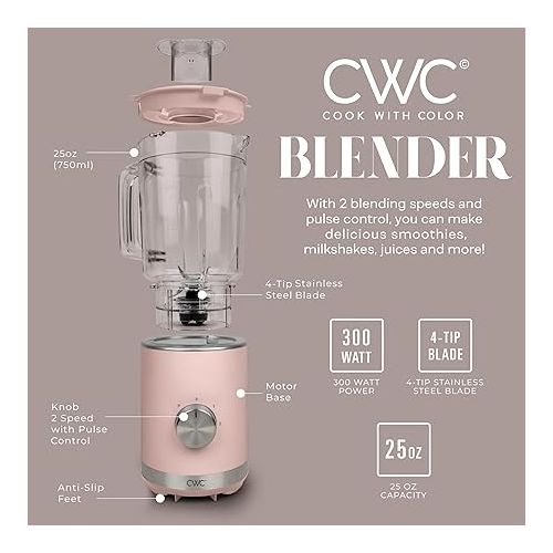  COOK WITH COLOR 300 Watt Blender: Powerful 2-Speed Control with Pulse, 4-Tip Stainless Steel Blades, 25oz (750ml) Jar, and Skid-Resistant Feet, Pink
