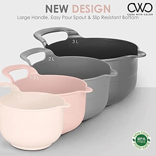  COOK with COLOR Mixing Bowls - 4 Piece Nesting Plastic Mixing Bowl Set with Pour Spouts and Handles (Ombre Pink)
