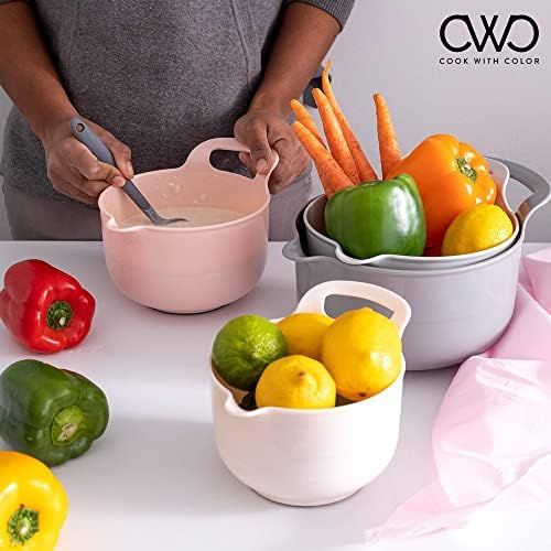  COOK with COLOR Mixing Bowls - 4 Piece Nesting Plastic Mixing Bowl Set with Pour Spouts and Handles (Ombre Pink)