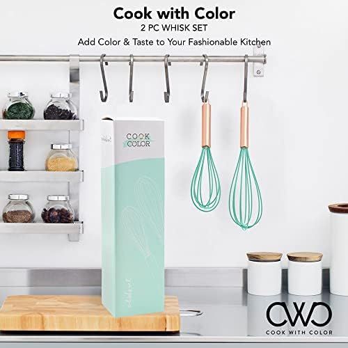  COOK WITH COLOR Silicone Whisks for Cooking, Stainless Steel Wire Whisk Set of Two - 10” and 12”, Heat Resistant Kitchen Whisks, Balloon Whisk for Nonstick Cookware - Rose Gold and