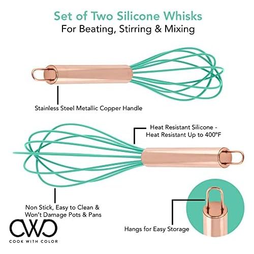  COOK WITH COLOR Silicone Whisks for Cooking, Stainless Steel Wire Whisk Set of Two - 10” and 12”, Heat Resistant Kitchen Whisks, Balloon Whisk for Nonstick Cookware - Rose Gold and