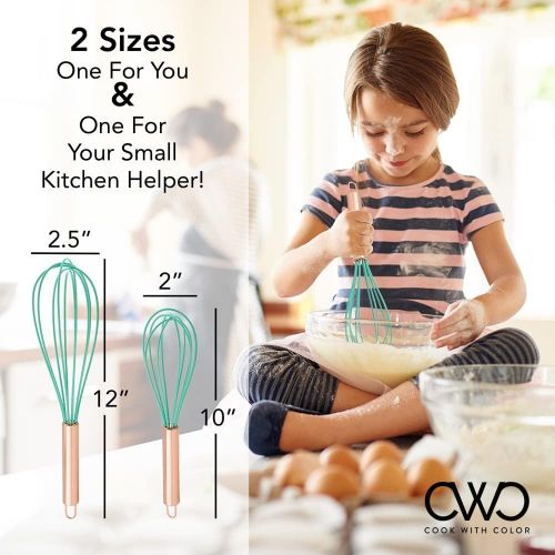  COOK WITH COLOR Silicone Whisks for Cooking, Stainless Steel Wire Whisk Set of Two - 10” and 12”, Heat Resistant Kitchen Whisks, Balloon Whisk for Nonstick Cookware - Rose Gold and