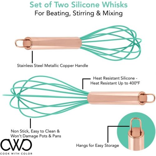  COOK WITH COLOR Silicone Whisks for Cooking, Stainless Steel Wire Whisk Set of Two - 10” and 12”, Heat Resistant Kitchen Whisks, Balloon Whisk for Nonstick Cookware - Rose Gold and