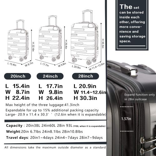  COOLIFE Coolife Luggage Expandable Suitcase 3 Piece Set with TSA Lock Spinner 20in24in28in (sliver)