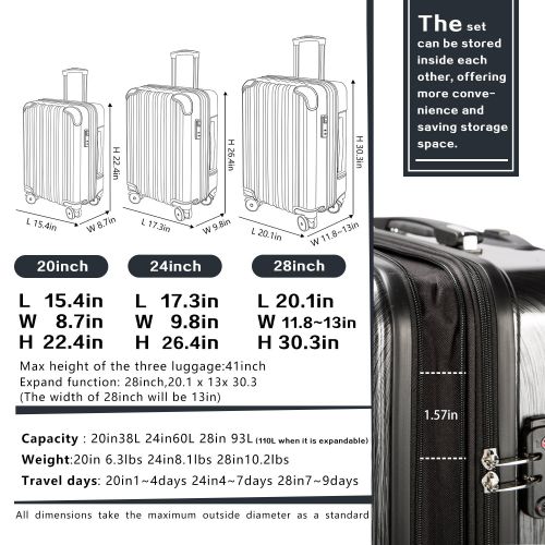  COOLIFE Coolife Luggage Expandable 3 Piece Sets PC+ABS Spinner Suitcase 20 inch 24 inch 28 inch (navy)